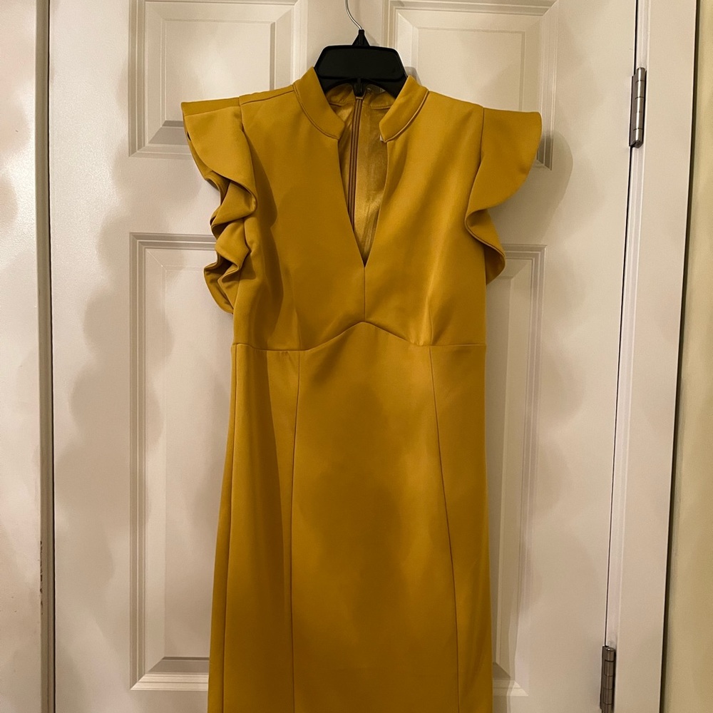 035 💛 NY & Company Mustard Yellow Ruffle Cap Sleeve Sheath Dress 💛